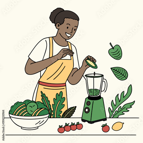 Woman Preparing Fresh Green Smoothie in Blender, Promoting Wellness and Healthy Nutrition at Home