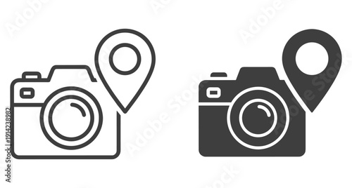 Digital camera symbol with map marker pointer representing geotagged images and travel photography locations