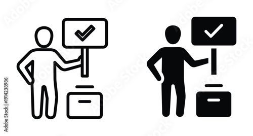 human figure holding a placard with tick mark symbol near a voting box