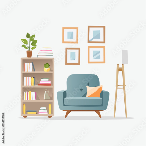 Cozy Living Room Scene with Armchair, Bookshelf, and Floor Lamp
