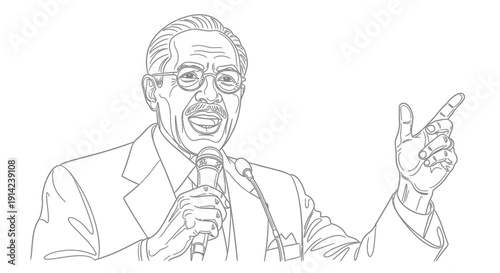 Man speaking into microphone with hand gesture.