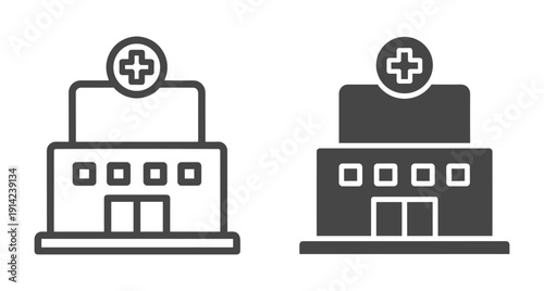 Medical clinic architecture icons featuring a cross sign for healthcare and emergency services design