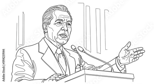 Businessman giving a speech at a podium with microphones.