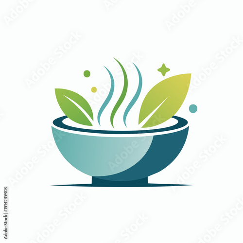 Natural organic herbal remedy bowl with steam and leaves