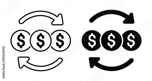 Vector illustration of dollar coin icons with arrows representing currency exchange and financial transactions
