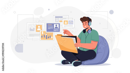 Young man with headphones working with digital files and data visualization