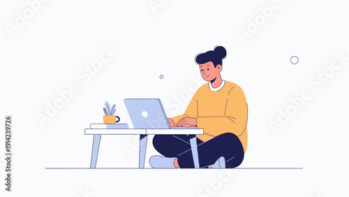 Young man working on laptop from home, casual lifestyle, flat design illustration