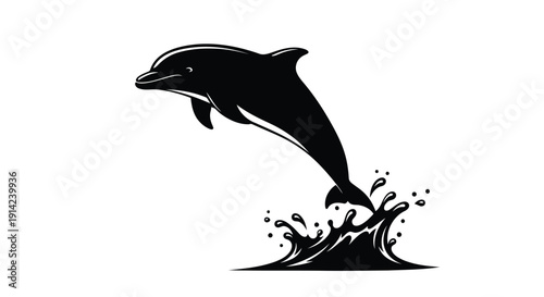 Black dolphin silhouette jumping out of water with wave splash, minimalist flat design