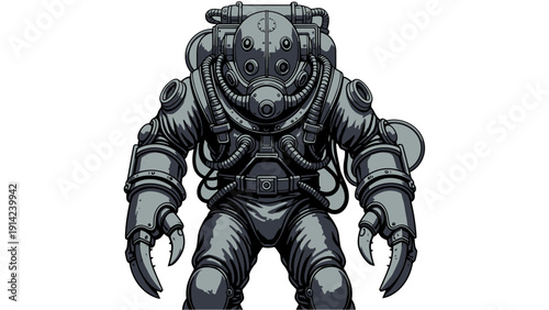Futuristic deep sea diving suit or atmospheric diving system (ADS) for underwater exploration.
