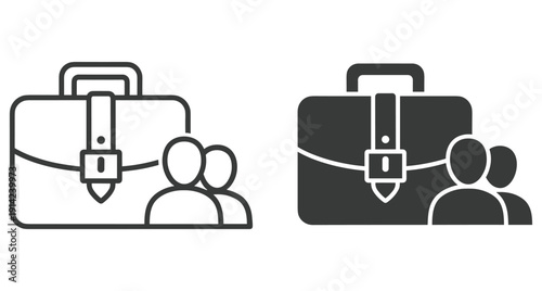 Minimalist vector icon set showing a briefcase with human figures for business recruitment concepts