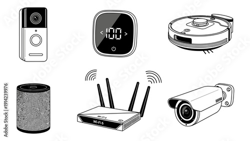 Smart home technology and security devices vector set with robot vacuum, security camera, router, and smart doorbell icons.
