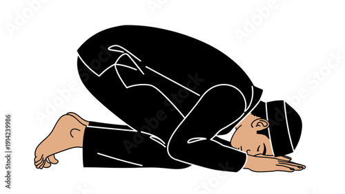 Muslim man in prostration or sujud position during Islamic prayer or Salah.