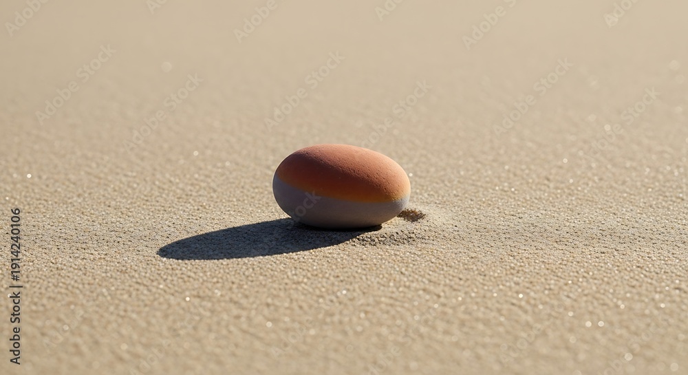 Obraz premium A single round reddish brown fruit rests upon a sandy beach bathed in sunlight