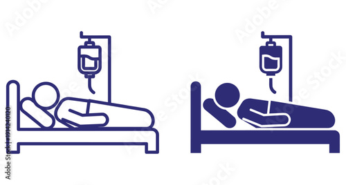 Medical icons showing a person in clinic bed receiving intravenous fluid therapy treatment
