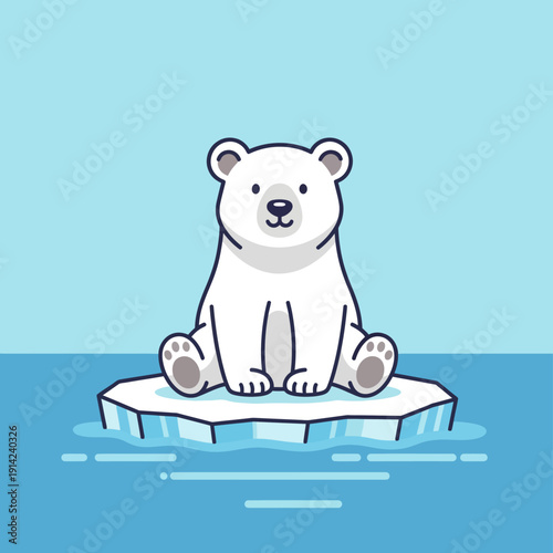 Cute polar bear sitting on melting ice floe in blue ocean, climate change concept