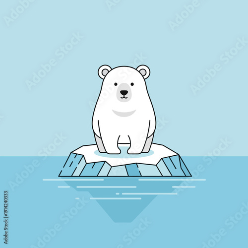 Cute polar bear on melting iceberg, climate change concept, arctic animal illustration