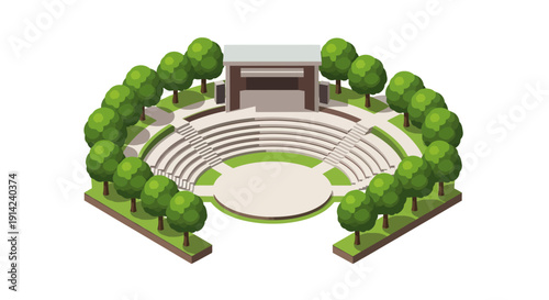 An outdoor amphitheater surrounded by lush green trees and grass, viewed from above, with a large stage and seating area, imagefx_9an8nx style.