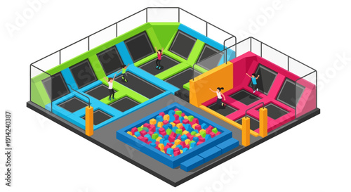 Vibrant Indoor Playground Scene with Trampolines and Play Area