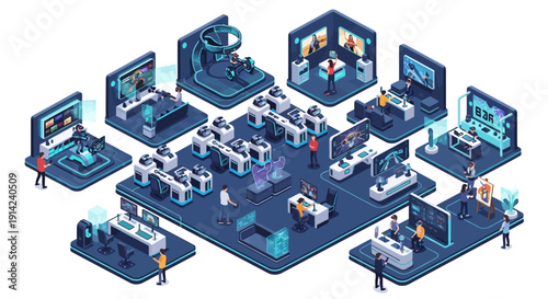 Isometric illustration of technology and industry professionals working together in a futuristic factory setting via advanced image effects