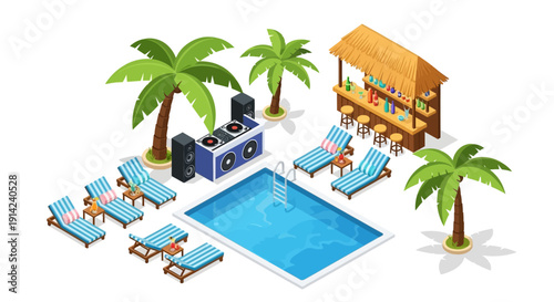 A vibrant poolside scene with lounge chairs, palm trees, and a bar area, viewed from above, featuring a refreshing atmosphere and leisurely ambiance via RJ ImageFX Auto