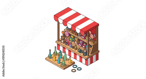 Vibrant Market Stall with Colorful Produce and Refreshments under Striped Awning