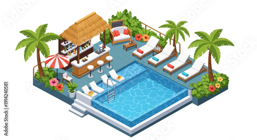 Aerial view of a tropical resort poolside scene with lounge chairs, palm trees, and a bar