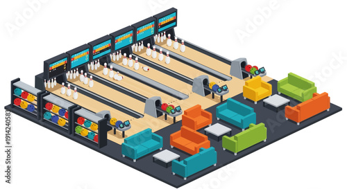 Isometric View of a Modern Bowling Alley with Vibrant Colored Lanes and Arcade Games