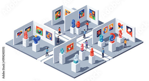 Isometric illustration of an exhibition hall with various display booths featuring diverse graphics and people interacting with the exhibits