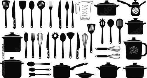 Black silhouette set of kitchen utensils, cooking pots, pans, knives and cutlery, household kitchenware, cad drawing flat vector illustration, isolated.