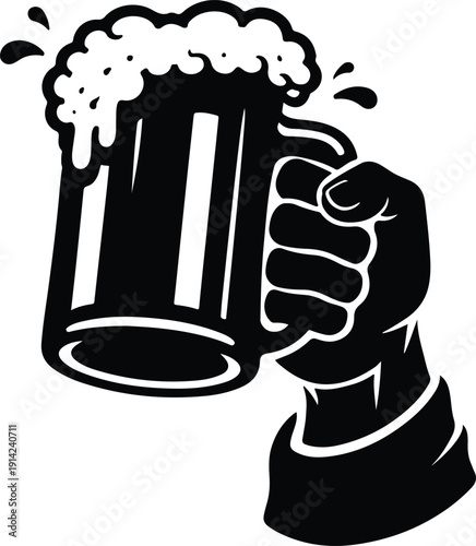 Outline illustration of a glass beer mug with overflowing foam for pub and drink concept