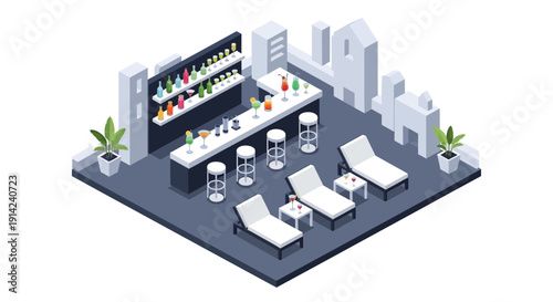 Isometric illustration of a modern city rooftop bar with sleek furniture and vibrant drinks on display via RJ ImageFX