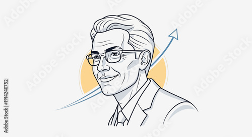 Illustration of a smiling businessman with upward trending arrow.