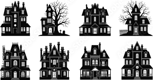 Black silhouette set of spooky haunted houses, Victorian horror mansions for Halloween night, cad drawing flat vector illustration, isolated on white.