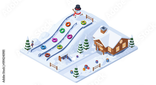Isometric illustration of a snowy landscape with a house and people enjoying winter activities near a ski slope