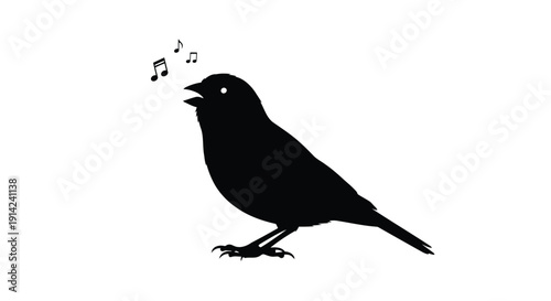 Black bird silhouette singing musical notes on white background in minimalist flat design