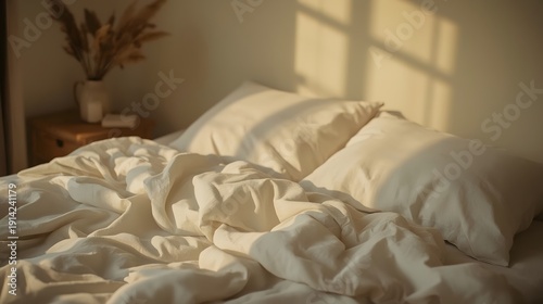 A cozy bedroom scene featuring an unmade bed with soft white linens and pillows, illuminated by golden morning sunlight and soft window shadows in a minimalist interior