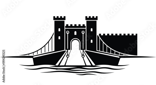 Black silhouette of Tower Bridge with suspension bridge and castle towers against a white background
