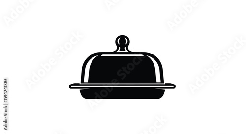Black silhouette of a covered serving dish with a handle and knob on a white background