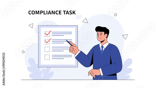 Business man checking compliance task list with checklist and pen, modern illustration