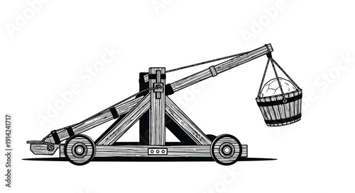 Medieval trebuchet catapult with basket on wheels in a flat illustration style