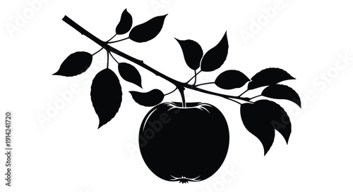 Black silhouette of an apple on a branch with leaves against a white background