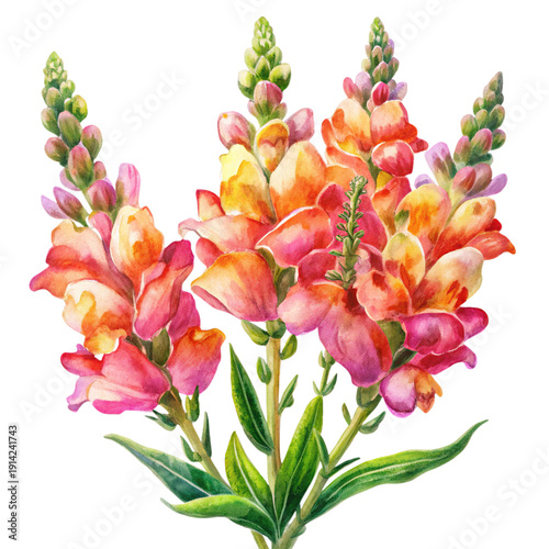 Watercolor illustration of colorful Snapdragon flowers, detailed floral arrangement on black background