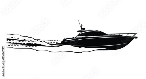 Black silhouette of a luxury yacht boat speeding through calm waters in a minimalist flat design