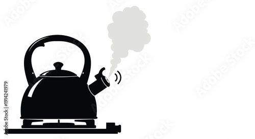 Black silhouette of a kettle on a stove with steam coming out