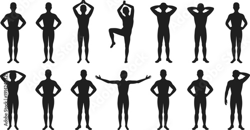 Set of male body silhouettes showing front view anatomical poses, fitness gestures, and physical proportions for medical diagrams, health illustrations, and athletic training design projects.