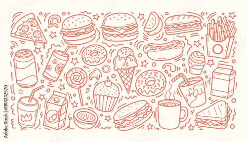 Set of hand drawn fast food and junk food doodles including burger pizza and soda