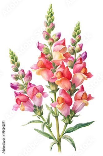 Elegant snapdragon watercolor painting against a stark black background, showcasing floral beauty