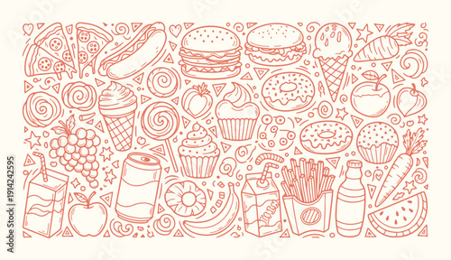 Collection of hand drawn food doodles featuring healthy fruits vegetables and fast food snacks in line art style