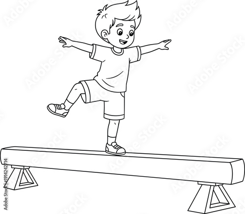 Cute Little Boy Balancing on Gymnastics Beam Black and White Outline Illustration