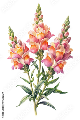 Elegant Watercolor Painting of Pink and Orange Snapdragons on a Black Background